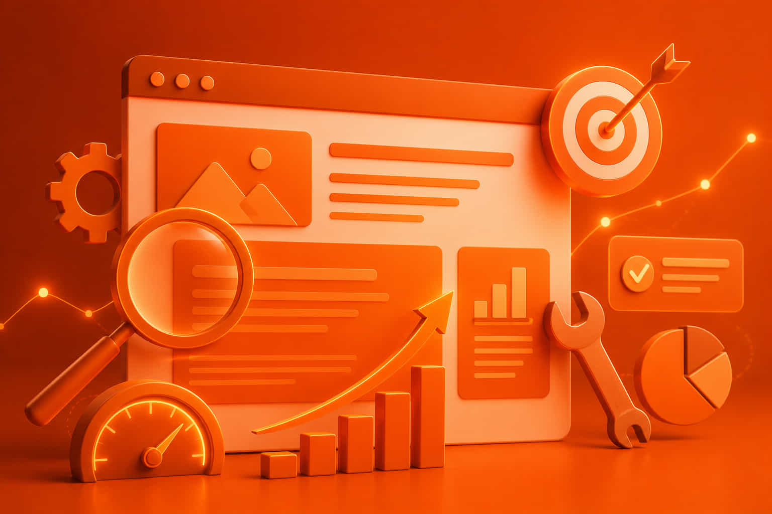 Interface de navigateur web en 3D orange avec des éléments interface (image placeholder, barres de texte, graphique en barres), entourée une loupe,  engrenage, cible avec flèche centrée, une clé à molette, un graphique en camembert, un indicateur de vitesse, et une flèche ascendante symbolisant la croissance et analyse de données. 